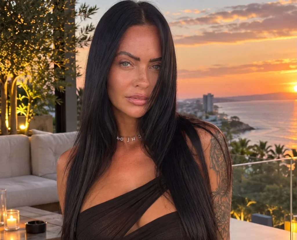 Woman in black wrap posing outdoors at sunset with sea views.