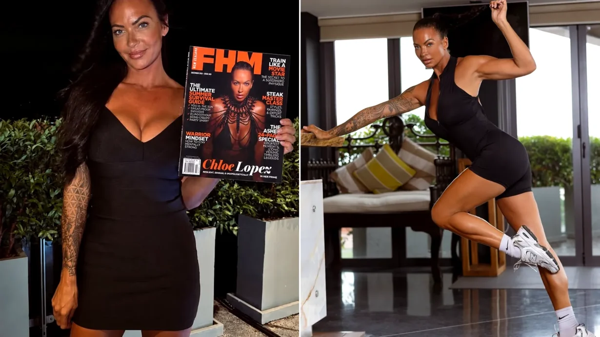 Woman in black dress holding FHM magazine beside fitness image of her exercising indoors.