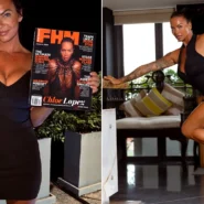 Woman in black dress holding FHM magazine beside fitness image of her exercising indoors.