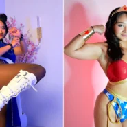 Woman in red and gold Chun-Li costume flexing, and woman in dark nurse mask standing indoors.