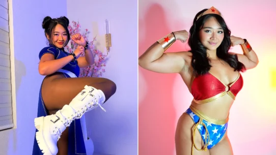 Woman in red and gold Chun-Li costume flexing, and woman in dark nurse mask standing indoors.