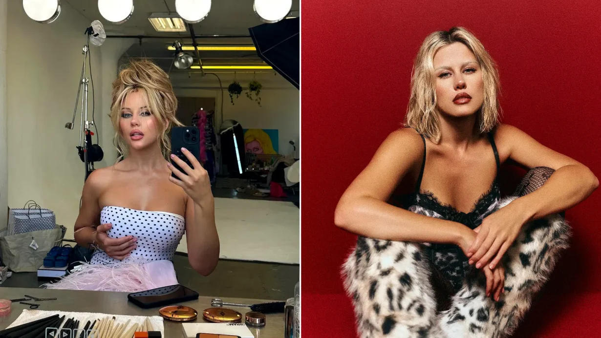 Left: Hollywood actress Mercedes Blanche in red top with confident expression. Right: Same actress at dressing table with cosmetics and mirror lights.