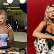 Left: Hollywood actress Mercedes Blanche in red top with confident expression. Right: Same actress at dressing table with cosmetics and mirror lights.