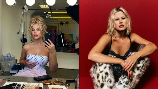 Left: Hollywood actress Mercedes Blanche in red top with confident expression. Right: Same actress at dressing table with cosmetics and mirror lights.