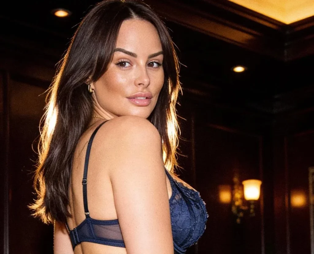 Woman in black lace bra and underwear posing indoors against warm lighting.