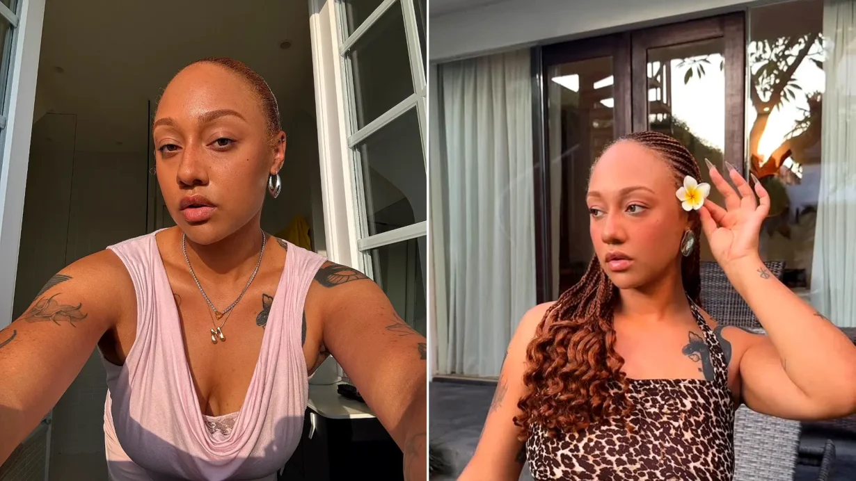 Influencer Manon Delcourt in two settings: left, portrait indoors in pink top; right, on a boat in beige dress.