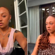 Influencer Manon Delcourt in two settings: left, portrait indoors in pink top; right, on a boat in beige dress.