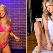 Blonde woman in white crop top kneeling on mat; reddish-haired woman in black bikini on grey sofa.