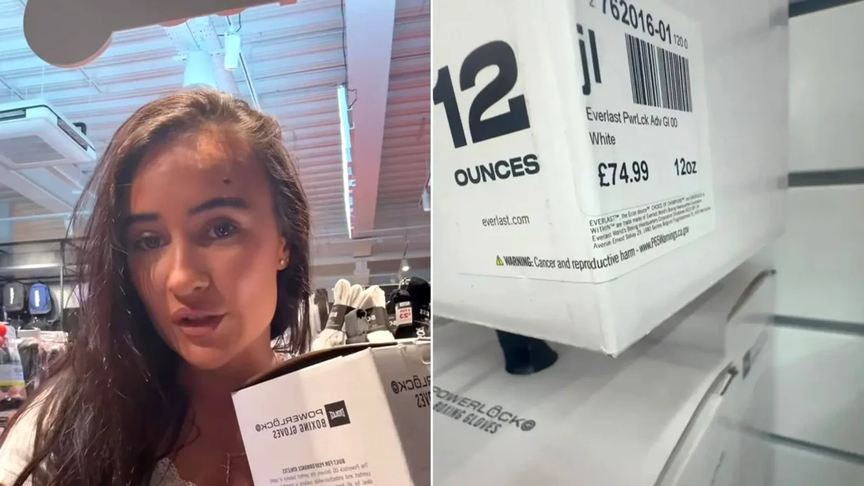Woman pointing to cancer warning label on white boxing glove box beside portrait of concerned shopper.
