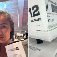 Woman pointing to cancer warning label on white boxing glove box beside portrait of concerned shopper.