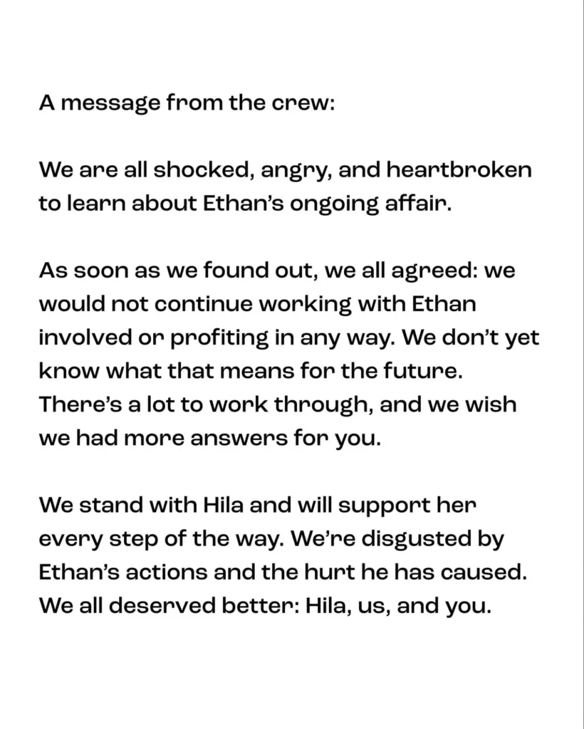 H3 Podcast crew statement in text expressing shock and support for Hila