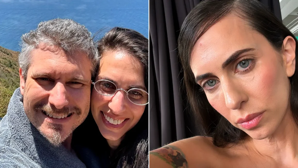 Hila Klein wearing glasses looking serious at camera, alongside her written statement revealing her husband's affair