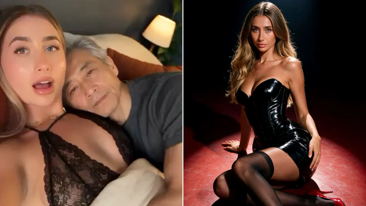 Woman in mauve crop top against brick wall (left) and OhChat Pornstar Mode interface with Lily Phillips branding (right).