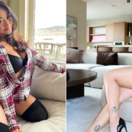 Woman in checked shirt on bed; woman in black dress on sofa with heels.