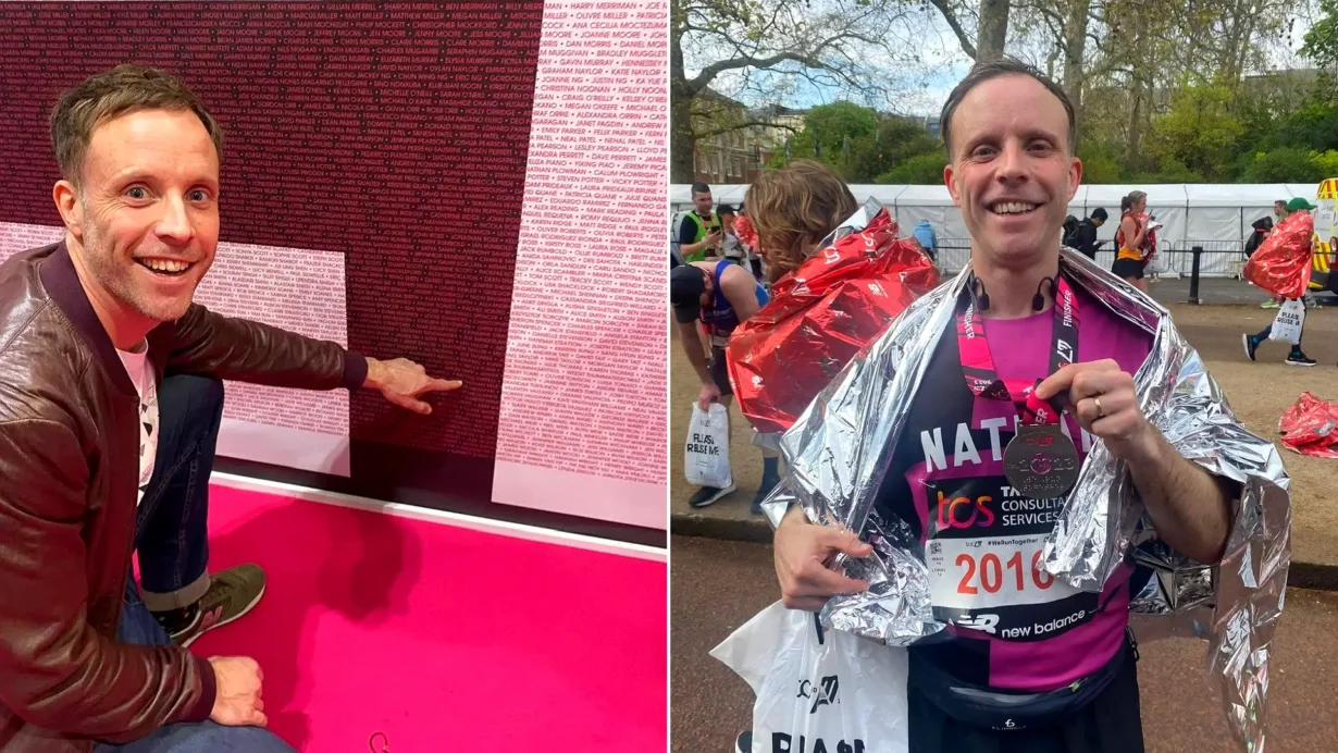 Nathan Vale smiling in casual photo alongside him wearing race medal after completing event.