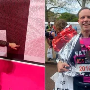 Nathan Vale smiling in casual photo alongside him wearing race medal after completing event.
