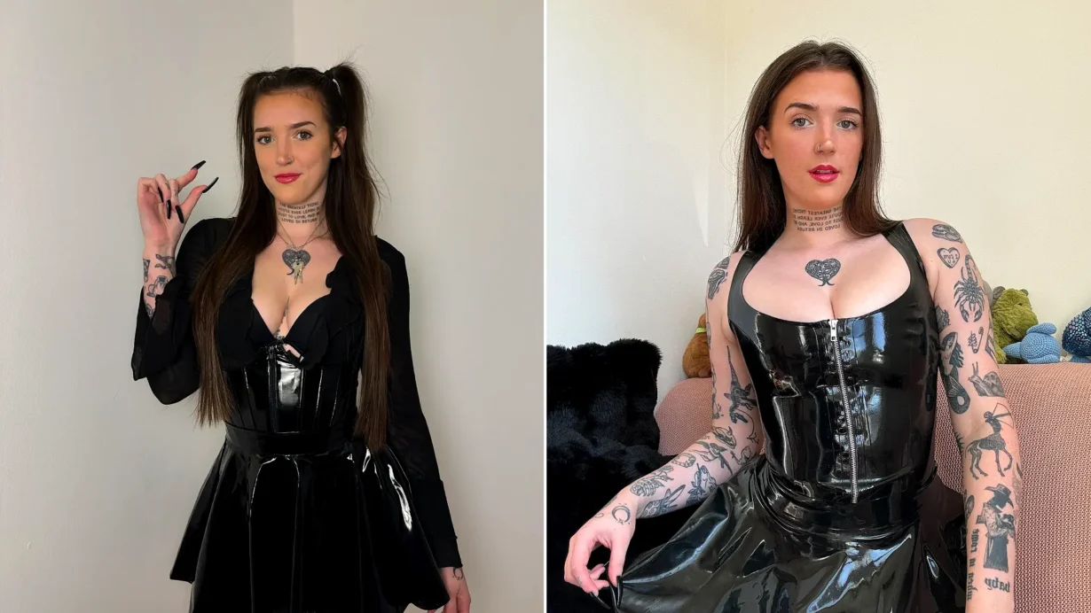Left: Woman with dark hair holding cigarette lighter in black latex. Right: Woman with tattoos in black corset and leather skirt.