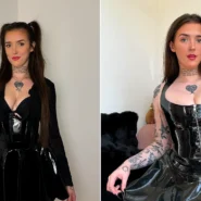 Left: Woman with dark hair holding cigarette lighter in black latex. Right: Woman with tattoos in black corset and leather skirt.