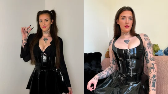 Left: Woman with dark hair holding cigarette lighter in black latex. Right: Woman with tattoos in black corset and leather skirt.