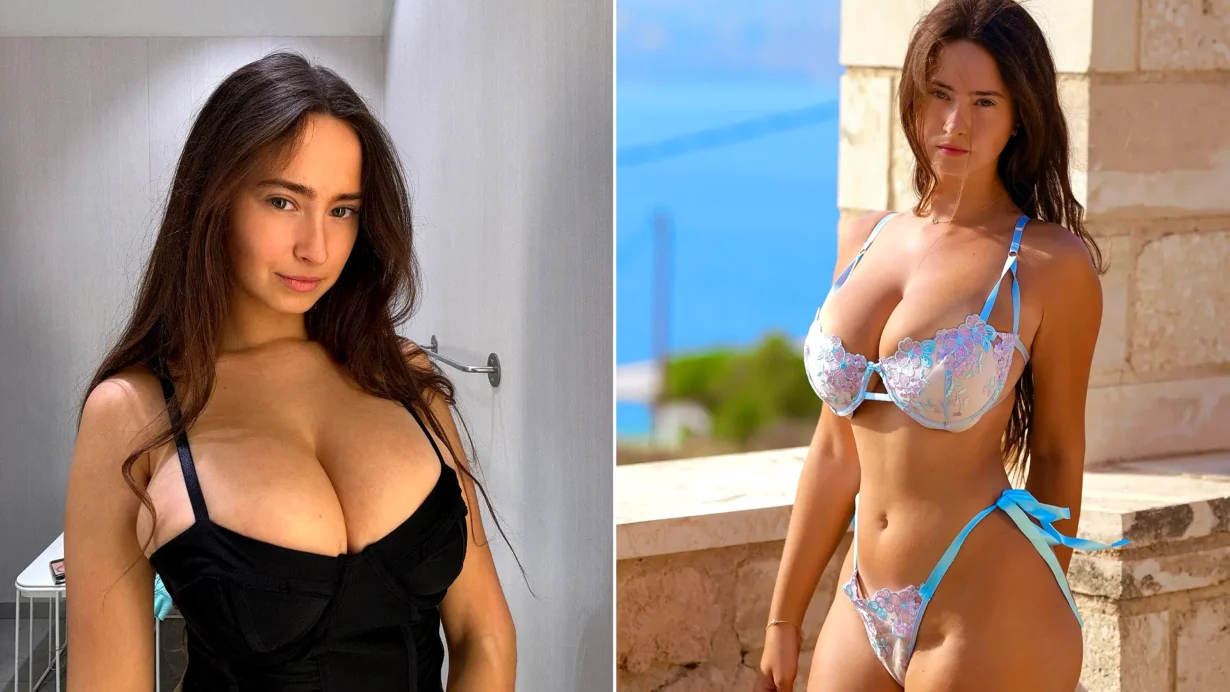 Woman in white patterned bikini against stone wall, and woman in black sleeveless top indoors.