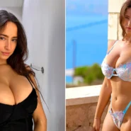 Woman in white patterned bikini against stone wall, and woman in black sleeveless top indoors.