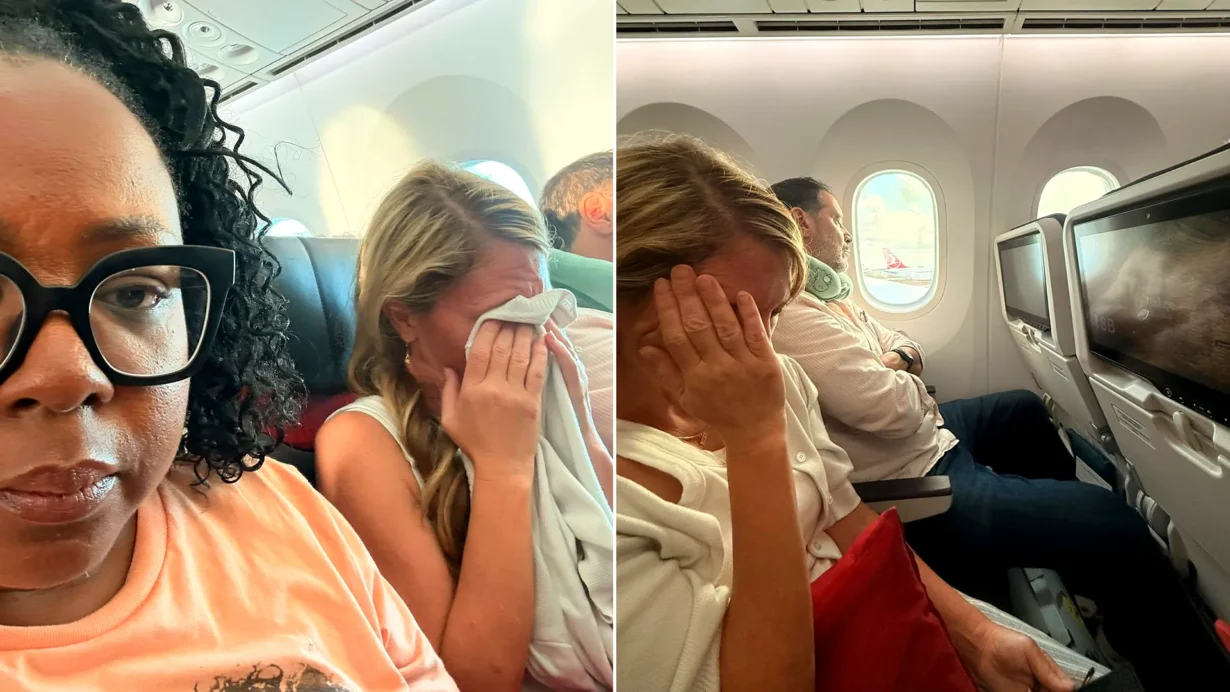 Tomiko Harvey on left smiling indoors; right shows a blonde woman crying with her head in her hand on a plane.