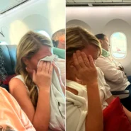 Tomiko Harvey on left smiling indoors; right shows a blonde woman crying with her head in her hand on a plane.